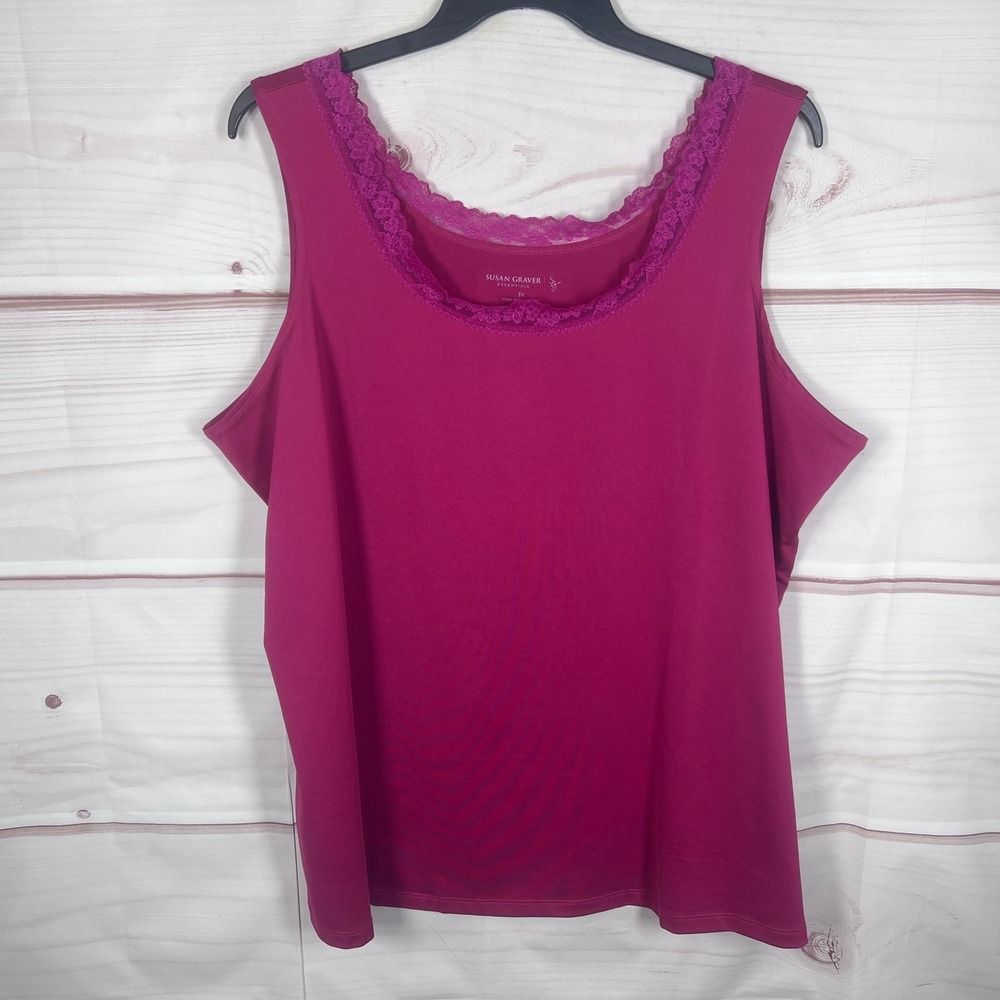 Susan Graver Tank Top Women 3X Pink Essentials Lace Trim Butterknit Sleeveless